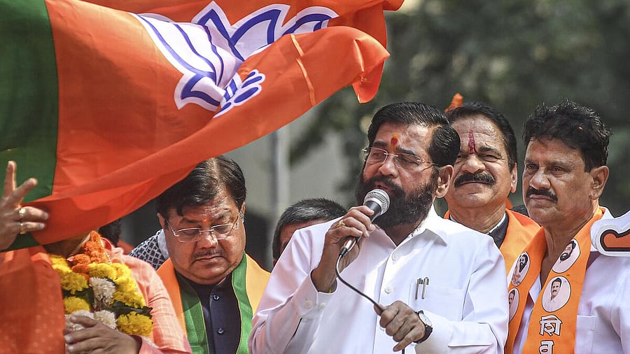 <div class="paragraphs"><p>Maharashtra Deputy Chief Minister Eknath Shinde during a public rally for the upcoming Brihanmumbai Municipal Corporation (BMC) elections, in Mumbai, Tuesday.</p></div>