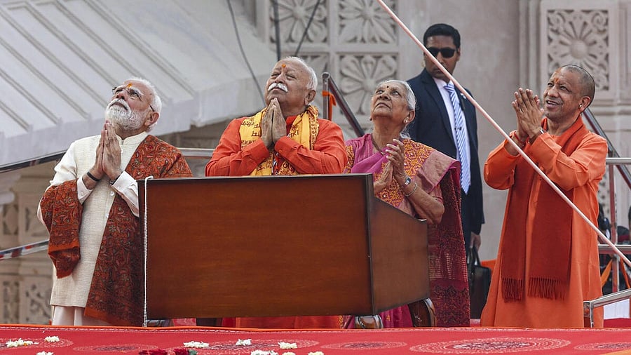 <div class="paragraphs"><p>File photo: Prime Minister Narendra Modi, RSS Chief Mohan Bhagwat, UP Governor Anandiben Patel and UP CM Yogi Adityanath during the Dhwajarohan ceremony at the Ram Temple in Ayodhya, Uttar Pradesh.</p></div>