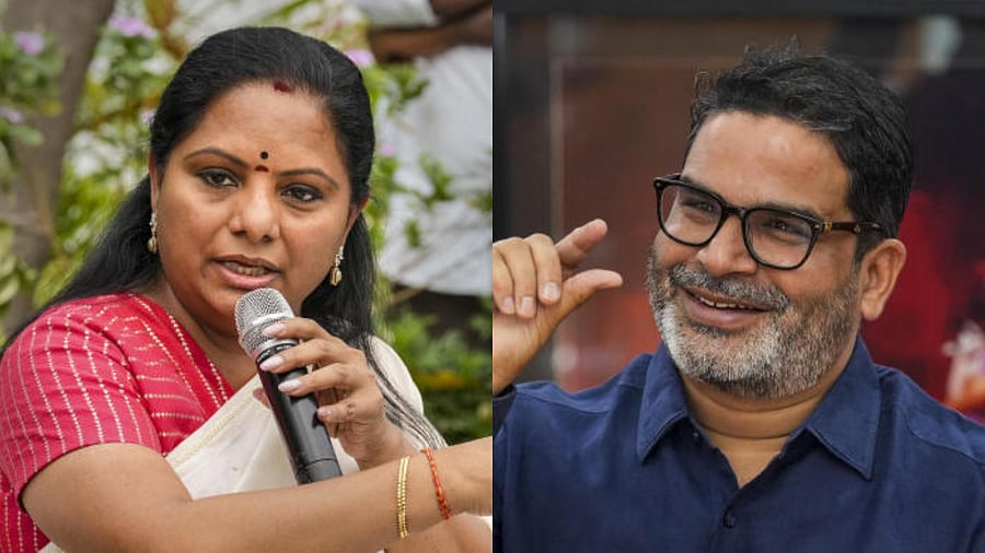 <div class="paragraphs"><p>K Kavitha (L) and election strategist Prashant Kishor.</p></div>