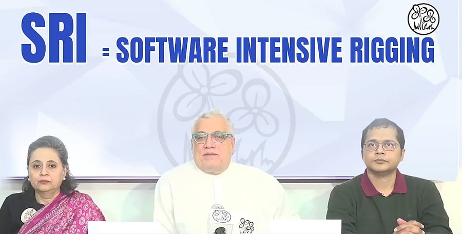 <div class="paragraphs"><p>Trinamool Congress MPs Sagarika Ghose,&nbsp;Derek O'Brien and Saket Gokhale at a press conference in Delhi on Tuesday.&nbsp;</p></div>