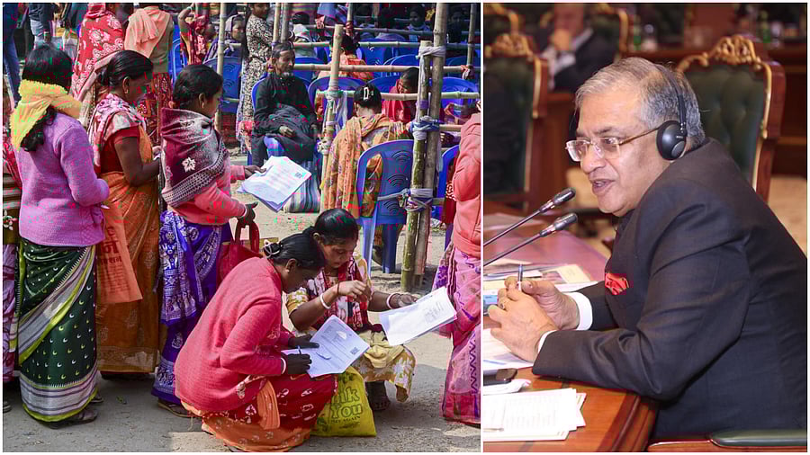 <div class="paragraphs"><p>People wait in queues at a centre during hearings under the Special Intensive Revision (SIR) of electoral rolls in West Bengal;&nbsp;Chief Election Commissioner Gyanesh Kumar (R).</p></div>