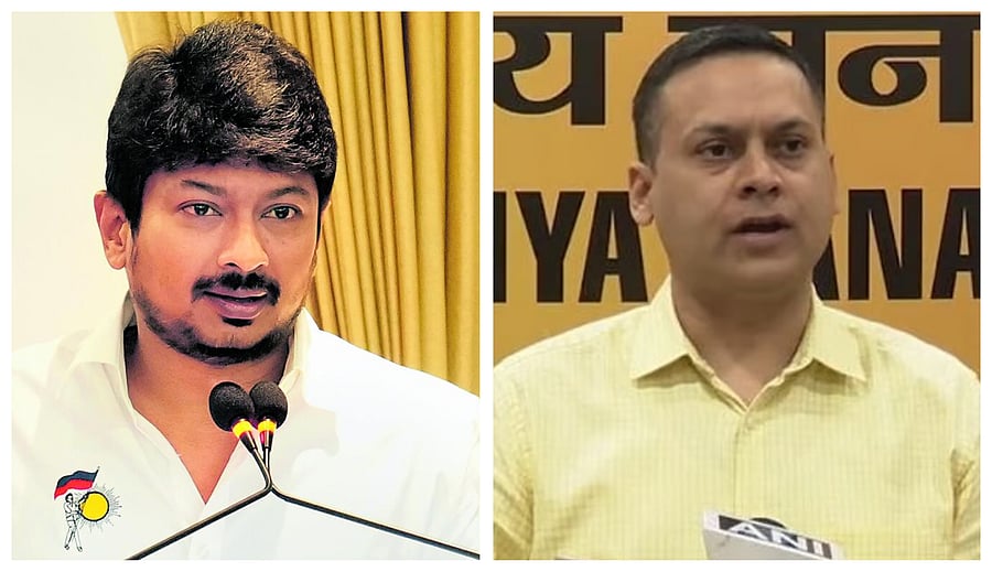 <div class="paragraphs"><p>Udhayanidhi Stalin (L) and Amit Malviya</p></div>