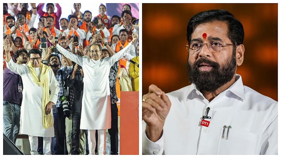 <div class="paragraphs"><p>Raj and Uddhav Thackeray during their recent rally (left) and Eknath Shinde.&nbsp;</p></div>