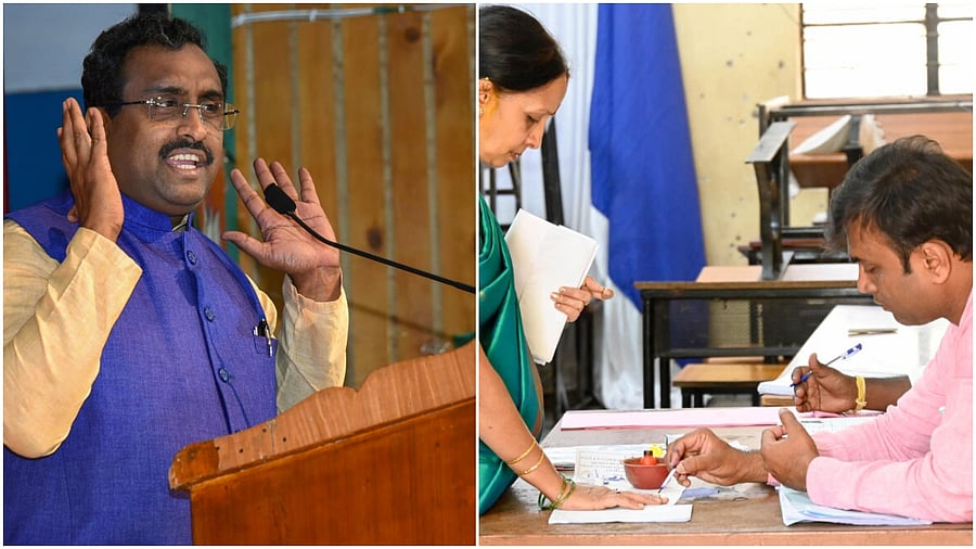 <div class="paragraphs"><p>BJP's Ram Madhav(L), file image of voting day in Bengaluru</p></div>