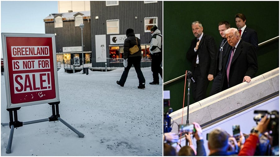 <div class="paragraphs"><p>People walk past a sign placed on a street in Nuuk, Greenland(L), US President Donald Trump speaks to the media during the 56th annual World Economic Forum (WEF) meeting in Davos. </p></div>