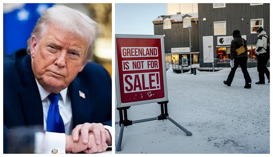 <div class="paragraphs"><p>US President Donald Trump and (R) people walking past a sign placed on a street in Greenland's capital Nuuk.</p></div>