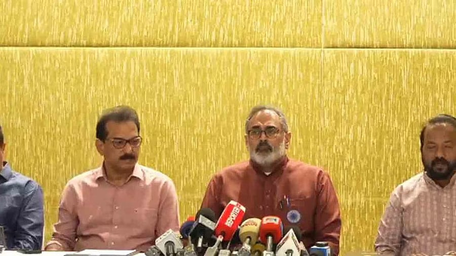 <div class="paragraphs"><p>Rajeev Chandrasekhar addresses a press conference after inducting Sabu Jacob to NDA.&nbsp;</p></div>