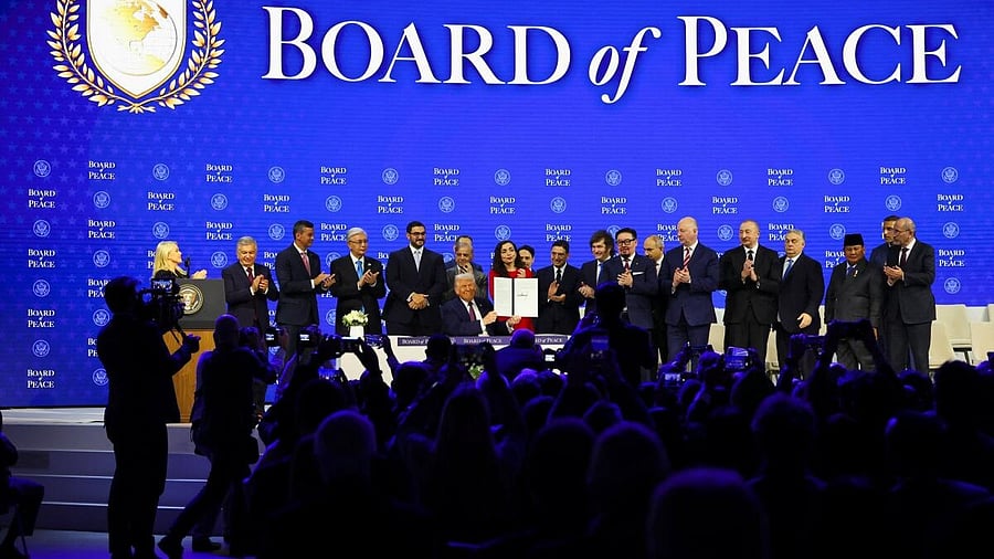 <div class="paragraphs"><p>US President Donald Trump holds a signed Charter of the Board of Peace, as he takes part in a charter announcement for his Board of Peace initiative aimed at resolving global conflicts, alongside the 56th annual World Economic Forum (WEF), in Davos, Switzerland.</p></div>