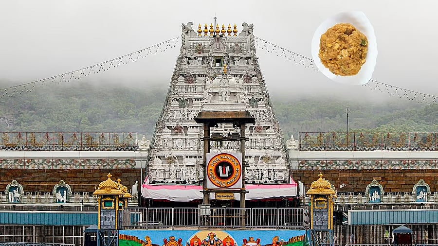 <div class="paragraphs"><p>Tirumala temple visible here with an inset image showing a laddu.</p></div>