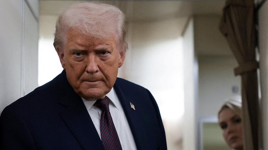 <div class="paragraphs"><p>US President Donald Trump speaks to reporters over the North Atlantic as he returns to Washington from the World Economic Forum (WEF) in Davos, Switzerland, aboard Air Force One, US.</p></div>