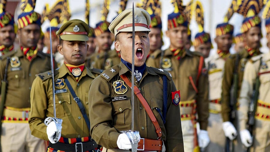 <div class="paragraphs"><p>Security personnel march during the full dress rehearsal for Republic Day Parade 2026.</p></div>