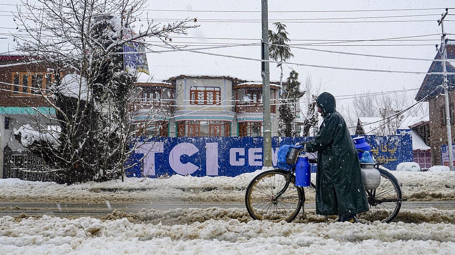 <div class="paragraphs"><p>A milkman makes his way through a snow-covered street during snowfall on the city's outskirts, in Srinagar, Jammu and Kashmir</p></div>