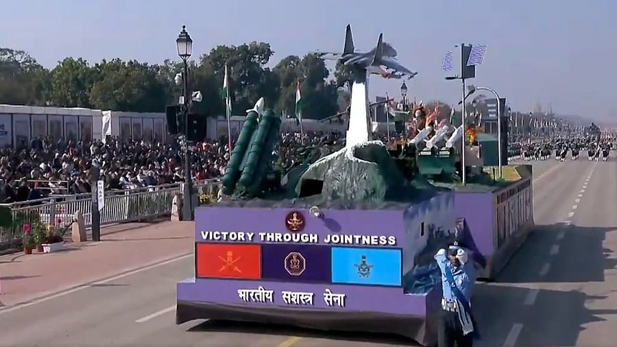 <div class="paragraphs"><p>The tri-services tableau titled 'Operation Sindoor: Victory Through Jointness' during the Republic Day parade in New Delhi on Monday. </p></div>