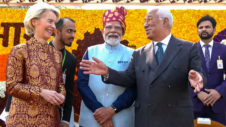 <div class="paragraphs"><p>Prime Minister Narendra Modi with President of the European Commission Ursula von der Leyen and President of the European Council Antonio Costa during the Republic Day Parade in New Delhi. </p></div>