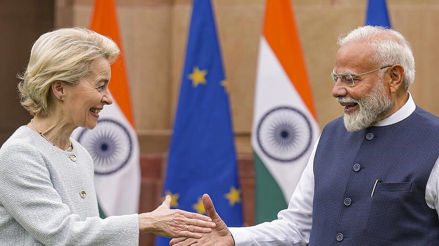 <div class="paragraphs"><p>Prime Minister Narendra Modi and President of the European Commission Ursula von der Leyen prior to a meeting, at the Hyderabad House in New Delhi.</p></div>