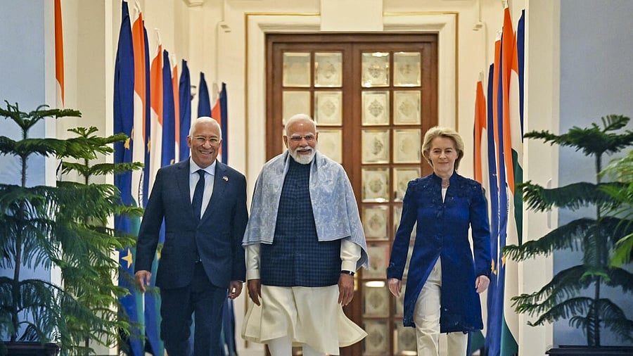 <div class="paragraphs"><p>Prime Minister Narendra Modi flanked by European Council President Antonio Costa (L)&nbsp;and European Commission President Ursula von der Leyen.</p></div>