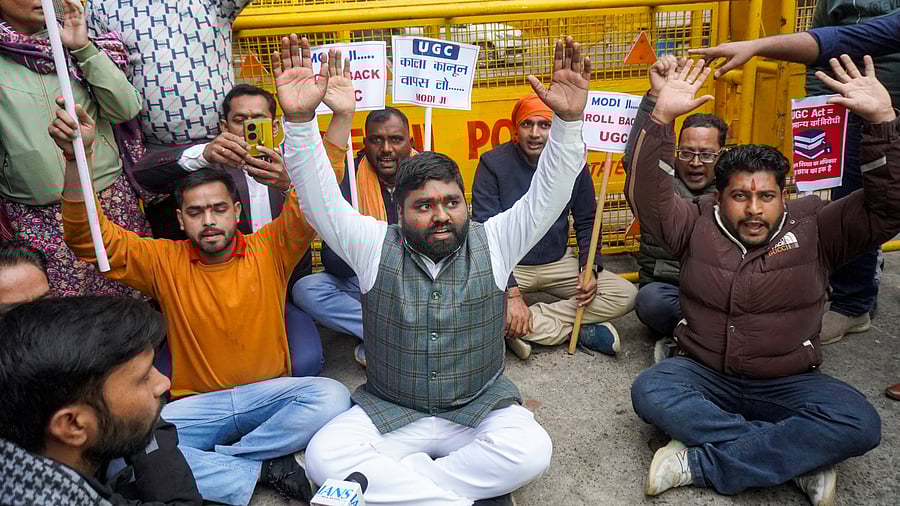 <div class="paragraphs"><p>People from upper caste communities stage a protest outside the University Grants Commission headquarters, saying that the new regulations issued by the commission could lead to chaos on campuses, in New Delhi. PTI</p></div>