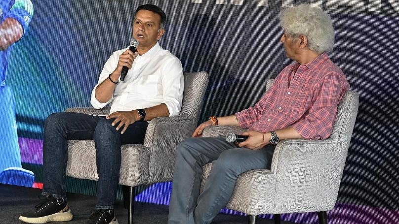 Rahul Dravid (left) speaks during the celebration of the book ‘The Rise of the Hitman’ by senior cricket journalist R Kaushik in Bengaluru on Tuesday.