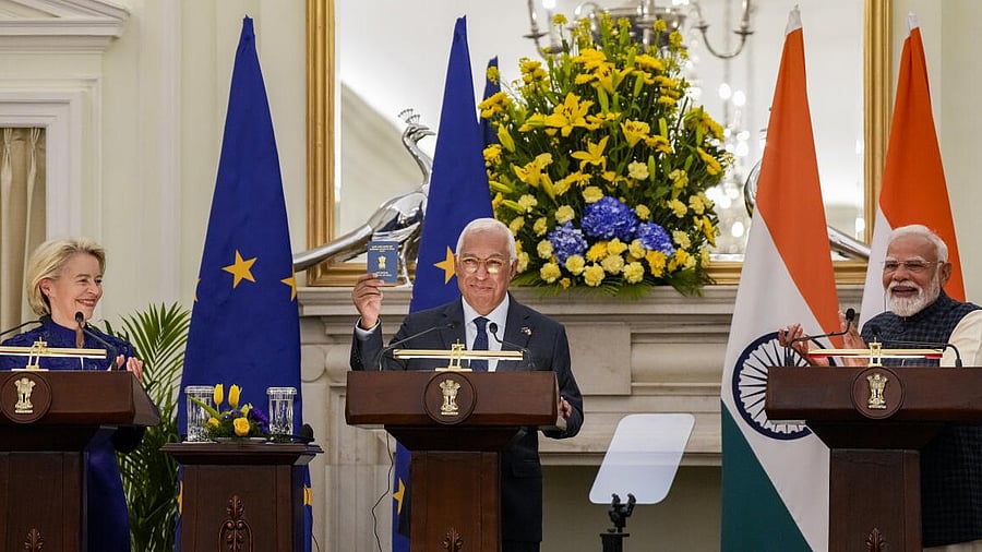 <div class="paragraphs"><p>Prime Minister Narendra Modi with European Council President Antonio Costa, centre, and European Commission President Ursula von der Leyen, left, during a joint press statement after their meeting at the Hyderabad House, in New Delhi, Tuesday, Jan. 27, 2026.</p></div>