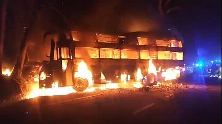 <div class="paragraphs"><p>The bus caught fire in the middle of a forest near Arasalu-Sudur near Ripponpet.</p></div>