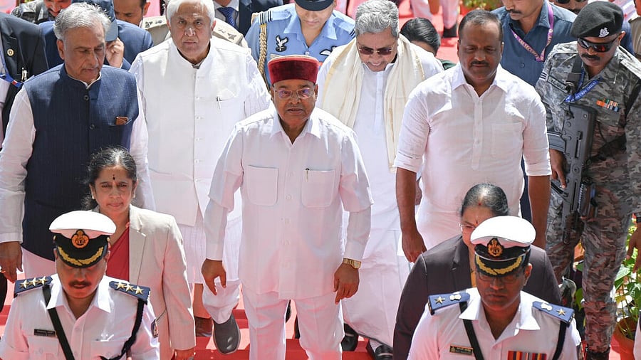 <div class="paragraphs"><p>File photo of Governor Thaawarchand Gehlot, Assembly Speaker UT Khader, Chief Minister Siddaramaiah, Legislative Council Chairman Basavaraj Horatti and Law and Parliamentary Affairs Minister H K Patil arrive for the joint session of the state legislature, at Vidhana Soudha</p></div>