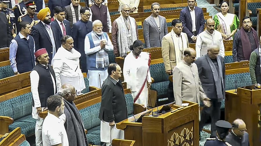 <div class="paragraphs"><p>President Droupadi Murmu with Vice President C.P. Radhakrishnan, Prime Minister Narendra Modi and Lok Sabha Speaker Om Birla arrives to address the joint sitting of both Houses of Parliament on the first day of the Budget session, in New Delhi, Wednesday, Jan. 28, 2026.</p></div>