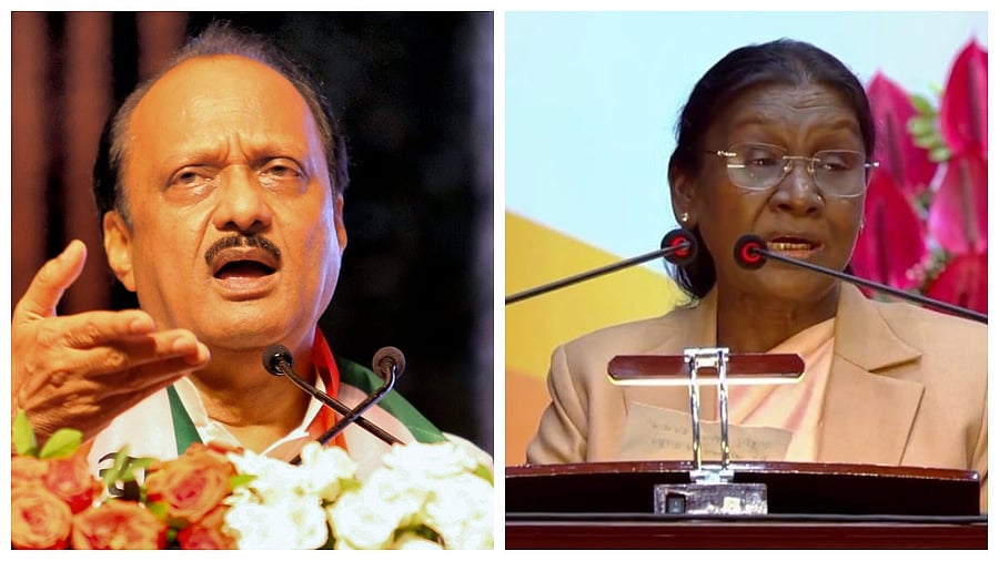 <div class="paragraphs"><p>Ajit Pawar (L) and President Droupadi Murmu. </p></div>