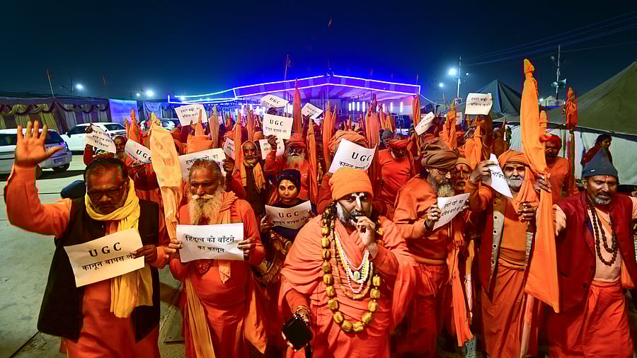<div class="paragraphs"><p>A group of 'Ekdandi sadhus' stage a protest against the University Grants Commission's recently notified 'Promotion of Equity in Higher Education Institutions Regulations, 2026', in Prayagraj, on Wednesday.</p></div>