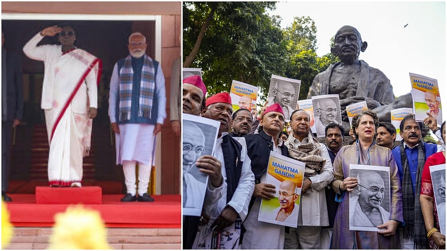 <div class="paragraphs"><p>Droupadi Murmu at the ParliamentL), File photo of Opposition leaders over MGNREGA row</p></div>