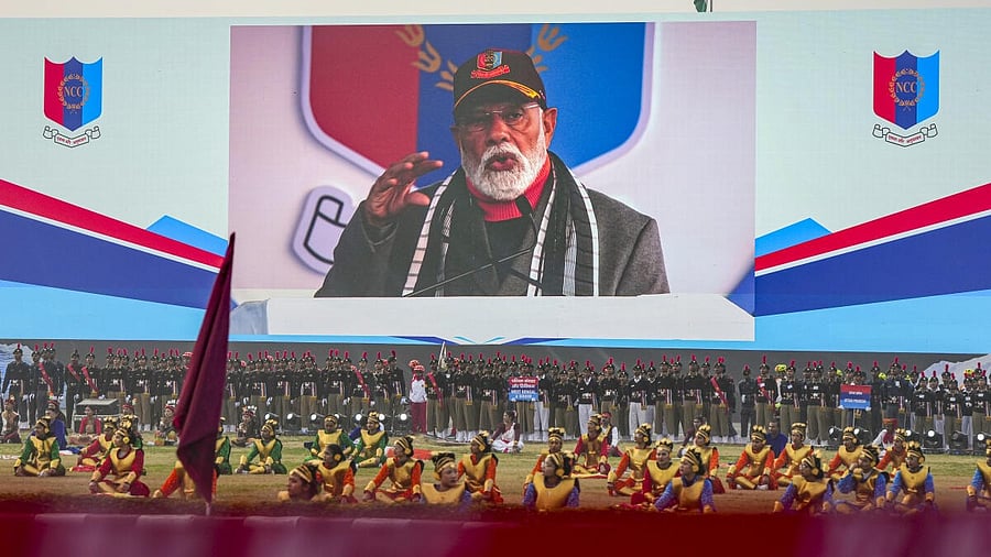 <div class="paragraphs"><p> Prime Minister Narendra Modi addresses while the NCC cadets and artists look on during the NCC Rally, at Cariappa Ground, in New Delhi, Wednesday, Jan. 28, 2026. </p></div>