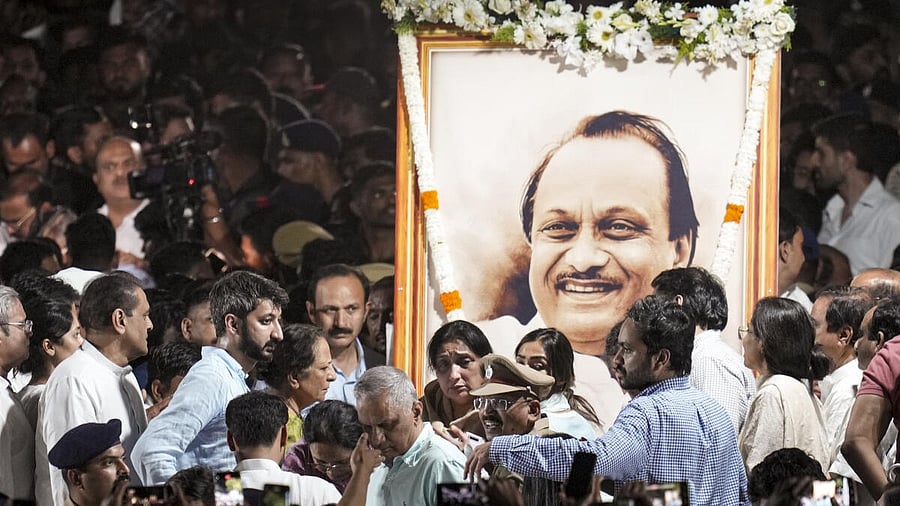 <div class="paragraphs"><p>MP Sunetra Pawar, wife of Ajit Pawar, and their son Jay Pawar, along with family members and supporters, gather as the mortal remains of the late Maharashtra Deputy Chief Minister Ajit Pawar arrive at the Vidya Pratishthan College ground for public homage, at Baramati in Pune district, Wednesday, Jan. 28, 2026. </p></div>