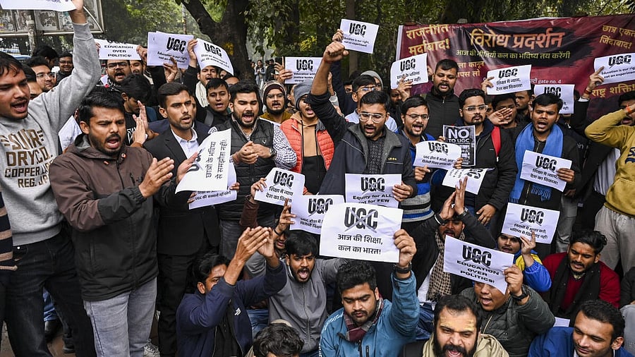 <div class="paragraphs"><p>Students protest against the UGC Act at the Arts Faculty of Delhi University, in New Delhi.</p></div>