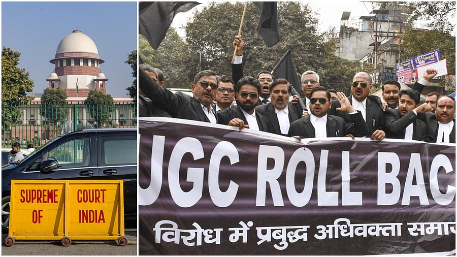 <div class="paragraphs"><p>Supreme Court(L),&nbsp;Advocates hold a protest against the UGC Bill 2026.&nbsp;</p></div>