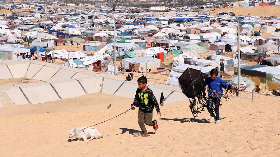<div class="paragraphs"><p>Children walk with a dog, as displaced Palestinians, who fled their houses due to Israeli strikes, take shelter in a tent camp</p></div>