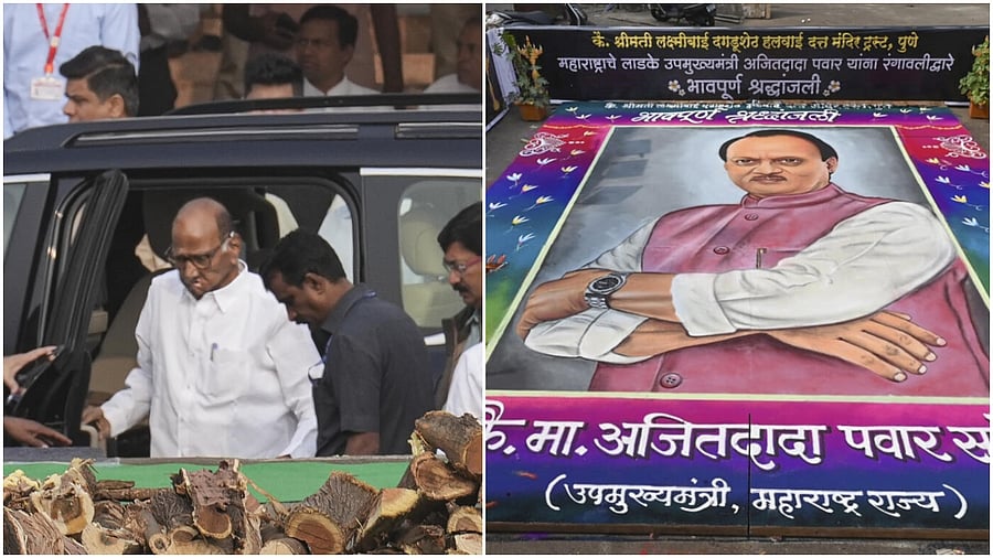 <div class="paragraphs"><p>Sharad Pawar attends last rites of nephew Ajit Pawar(L), A rangoli portrait of Maharashtra Deputy Chief Minister Ajit Pawar</p></div>