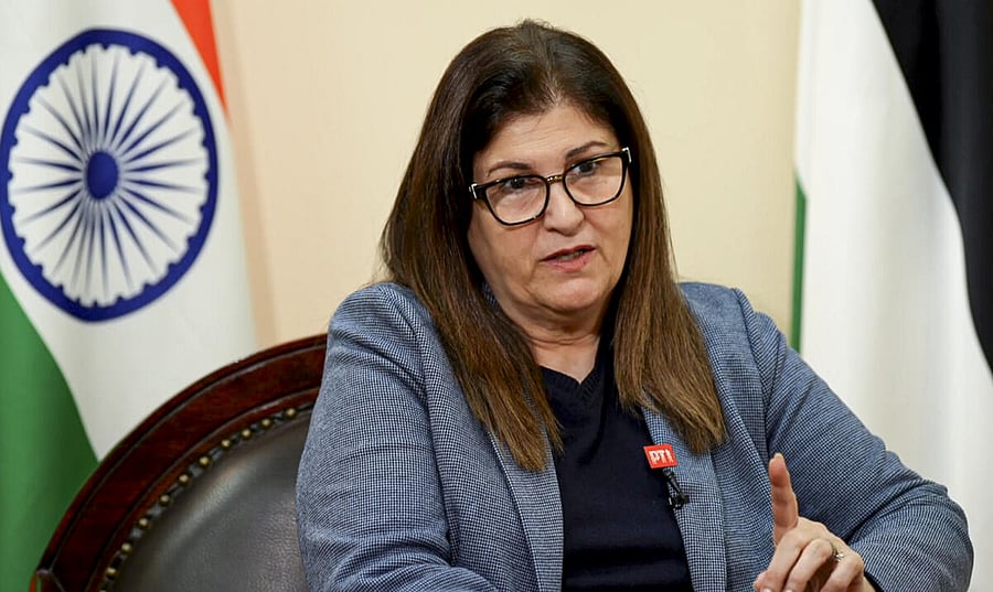 <div class="paragraphs"><p>Palestinian Foreign Minister Varsen Aghabekian Shahin speaks during an interview with PTI, in New Delhi.</p></div>