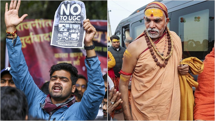 <div class="paragraphs"><p>Students protest against the UGC Act (L), Shankaracharya of Joshimath, Avimukteshwaranand Saraswati</p></div>