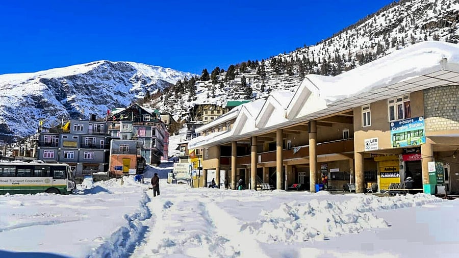 <div class="paragraphs"><p>The bus stand in Keylong, the headquarters of the tribal district of Lahaul and Spiti, covered in snow after fresh snowfall, in Himachal Pradesh,.</p></div>