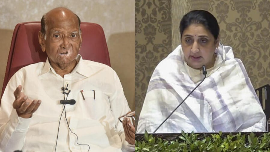 <div class="paragraphs"><p>Nationalist Congress President (NCP) Sharad Pawar (L) and&nbsp;Sunetra Pawar, wife of late NCP chief Ajit Pawar (R).</p></div>