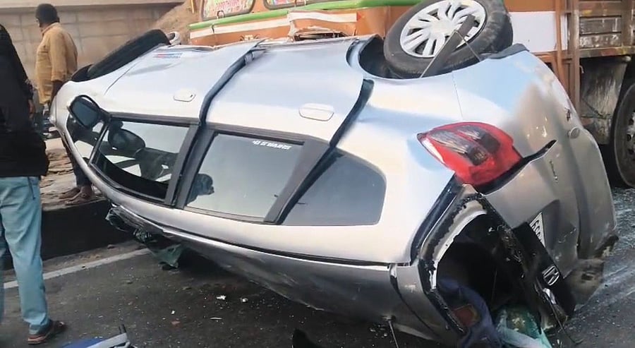 Damaged vehicles at the accident site near Chandapura on Friday.