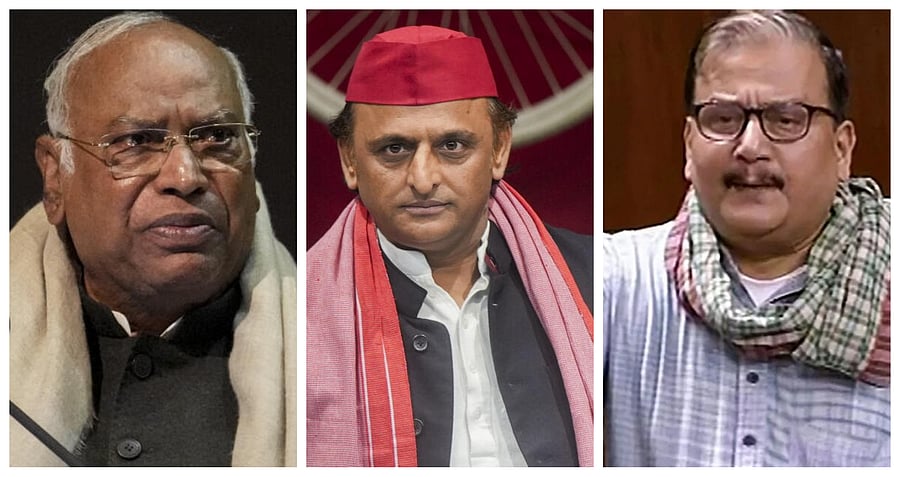<div class="paragraphs"><p>(From left) Mallikarjun Kharge, Akhilesh Yadav and Manoj K Jha.</p></div>