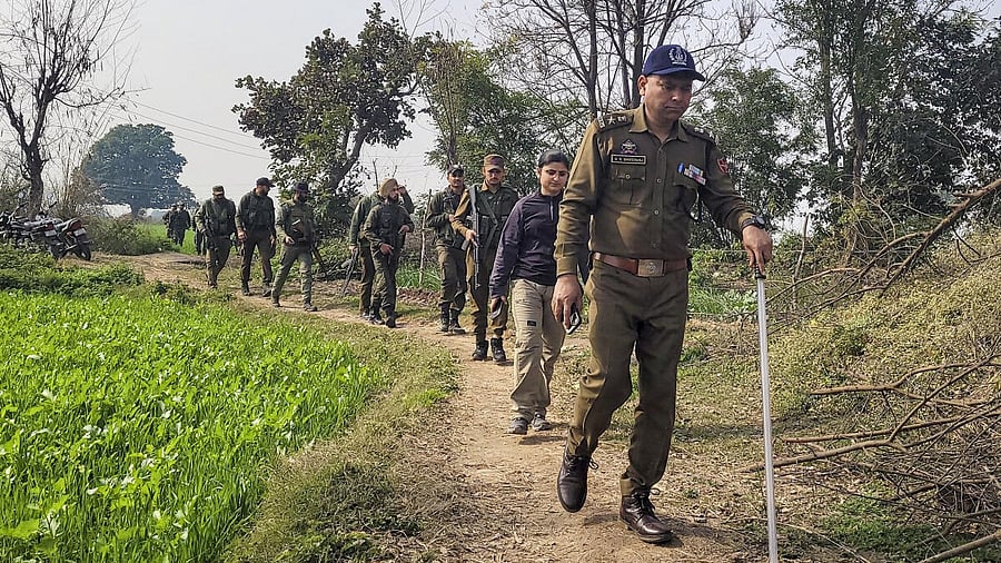 <div class="paragraphs"><p>Security personnel patrol an area during a search operation following the sighting of a drone, suspected to be from Pakistan, along the International Border (IB), in Samba district, Jammu and Kashmir, Saturday, Jan. 31, 2026.</p></div>