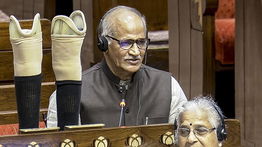 <div class="paragraphs"><p>BJP MP C Sadanandan Master speaks in the Rajya Sabha during his maiden speech, with his artificial limbs seen on the desk, during the Budget session of Parliament, in New Delhi, Monday, Feb. 2, 2026.</p></div>