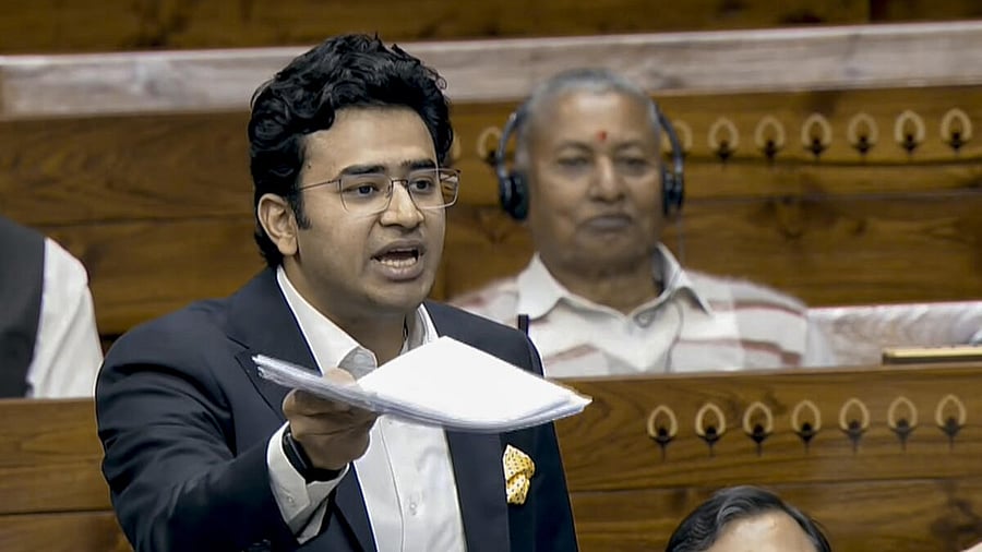 <div class="paragraphs"><p>BJP MP Tejasvi Surya speaks in the Lok Sabha during the Budget session of Parliament, in New Delhi, Monday, Feb. 2, 2026.</p></div>