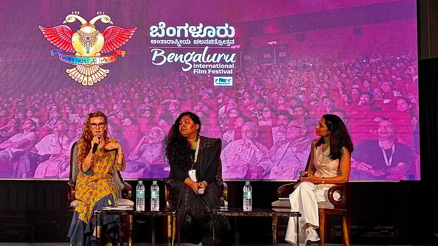 Panelist’s Dr Jacqueline Roussety and Nidhi Saxena and moderator Sindhu Srinivasa Murthy, Kannada Director at the discussion on women directors at BIFFes. 