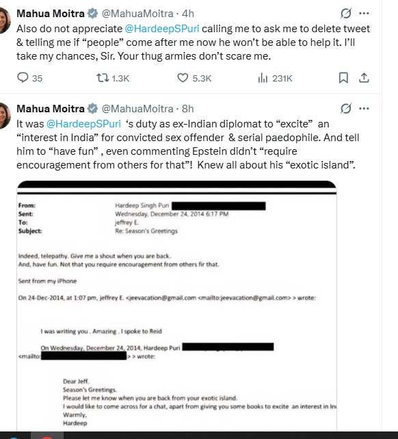 'Asked to delete tweet': Row over Epstein files continues, Mahua Moitra ...