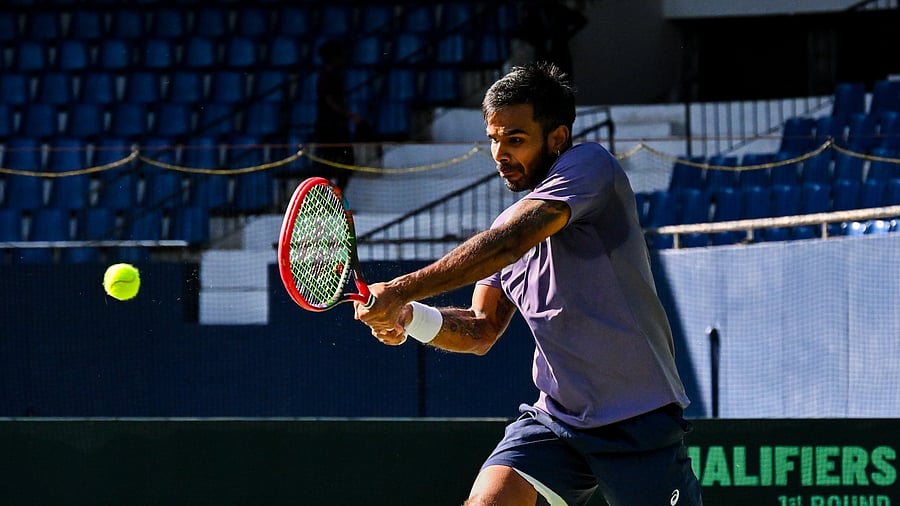 <div class="paragraphs"><p>India’s Sumit Nagal during a practice session ahead of their Davis Cup Qualifiers Round 1 tie against the Netherlands at the SM Krishna Tennis Stadium in Bengaluru on Thursday.</p></div>
