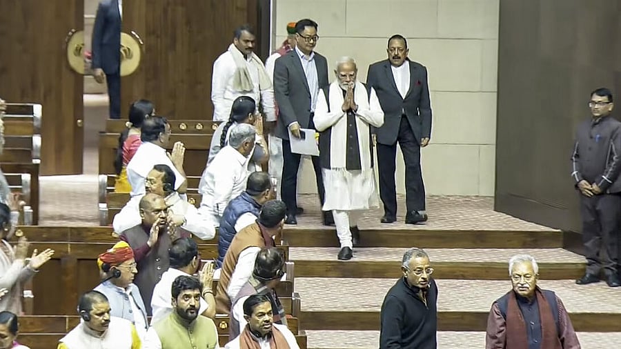 <div class="paragraphs"><p>Prime Minister Narendra Modi arrives to reply to the Motion of Thanks to the President's address in the Rajya Sabha</p></div>