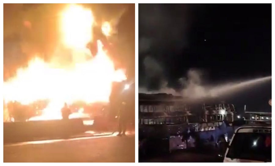 <div class="paragraphs"><p>The private sleeper bus that caught fire near Budihal Gate on Bengaluru -Tumakuru national highway in the early hours of Friday. </p></div>