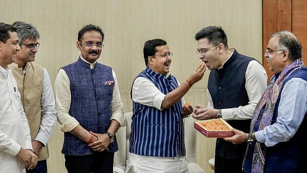 Raghav Chadha, Ashok Mittal and Sandeep Pathak meet & greet BJP chief Nitin Nabin after 'merging' with saffron party